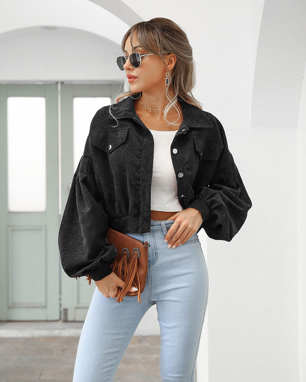 Balloon Sleeve Cropped Women’s Jacket | Button-Up