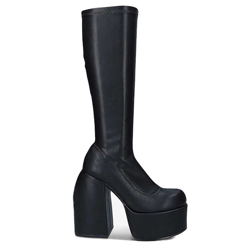 Black Women's Knee High Heel Boots | Chunky