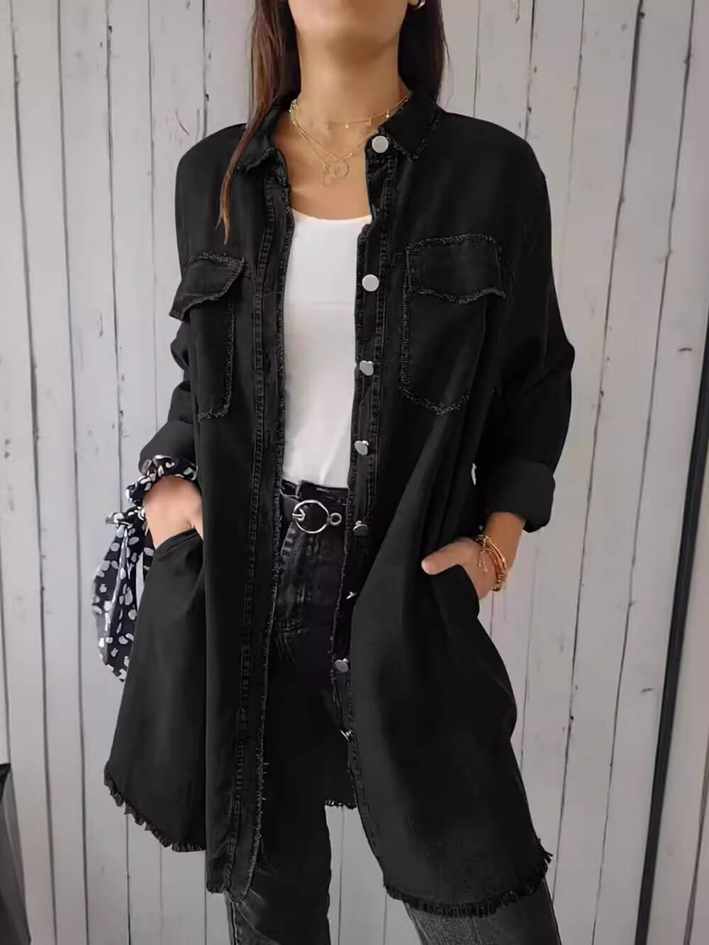 Distressed Hem Button-Up Women Jackets | Longline