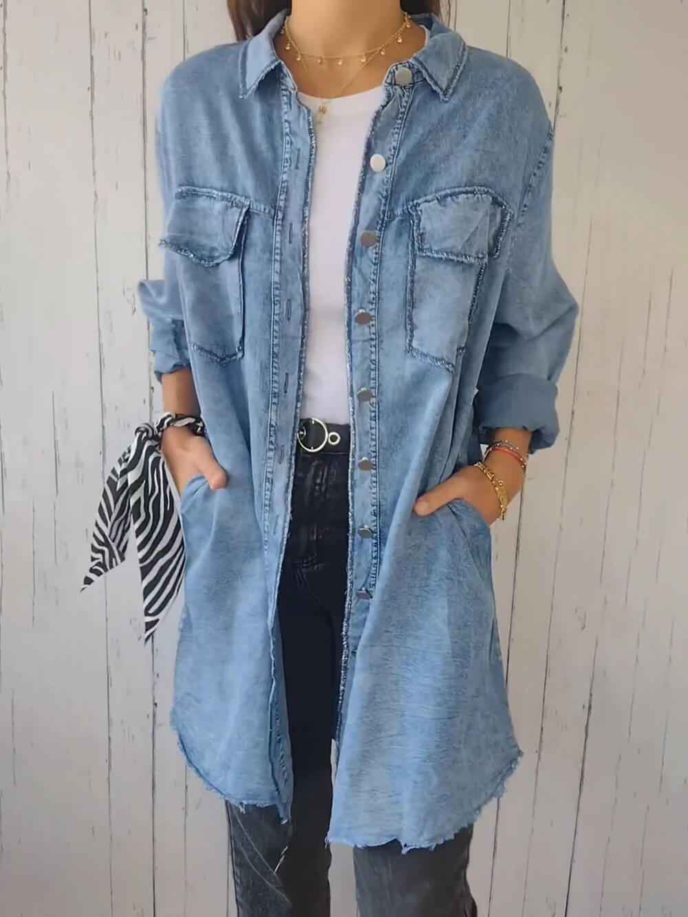 Distressed Hem Button-Up Women Jackets | Longline