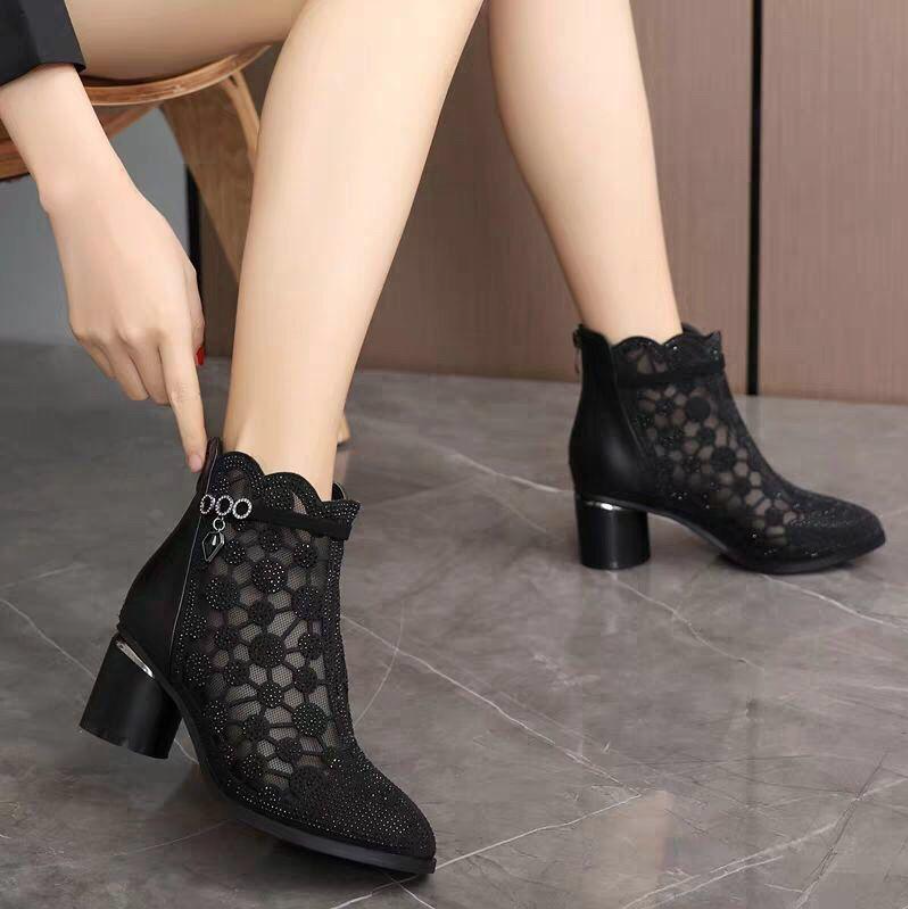 Elegant Women's Ankle Boots With Floral Mesh | Mid Heel