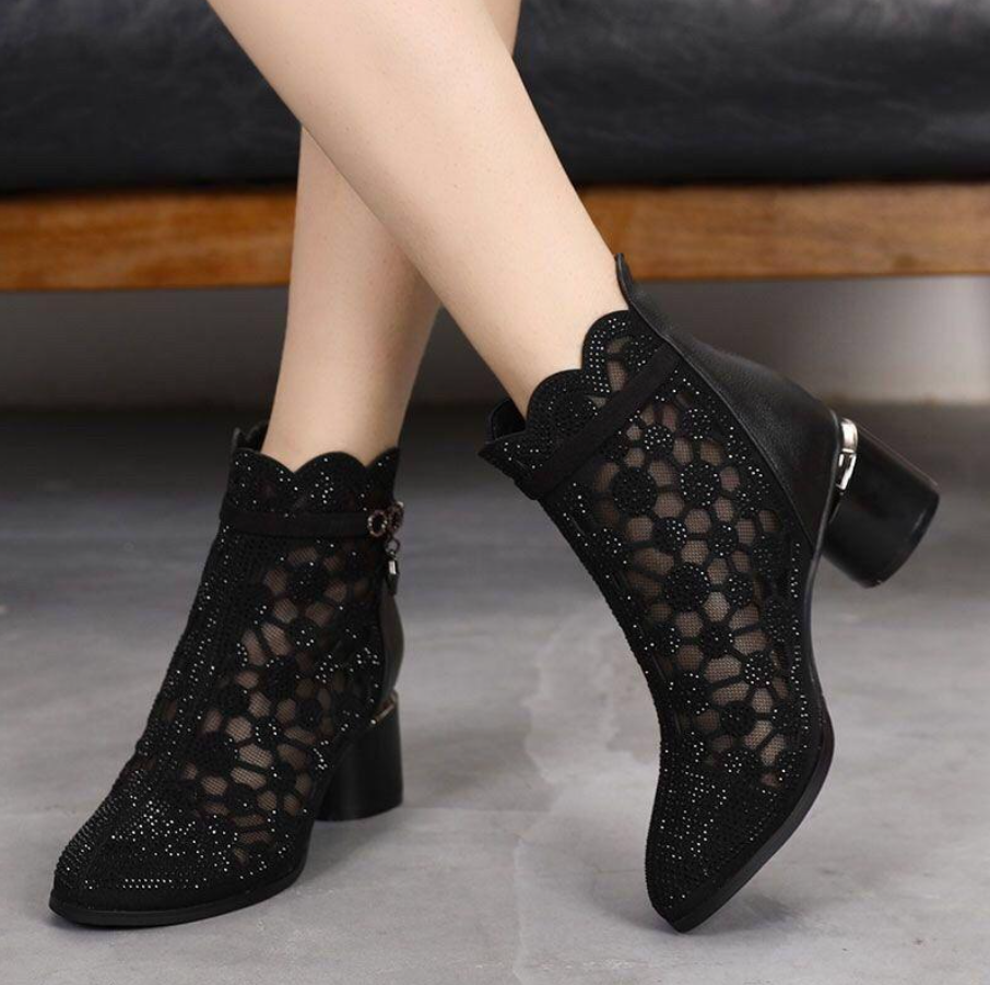 Elegant Women's Ankle Boots With Floral Mesh | Mid Heel