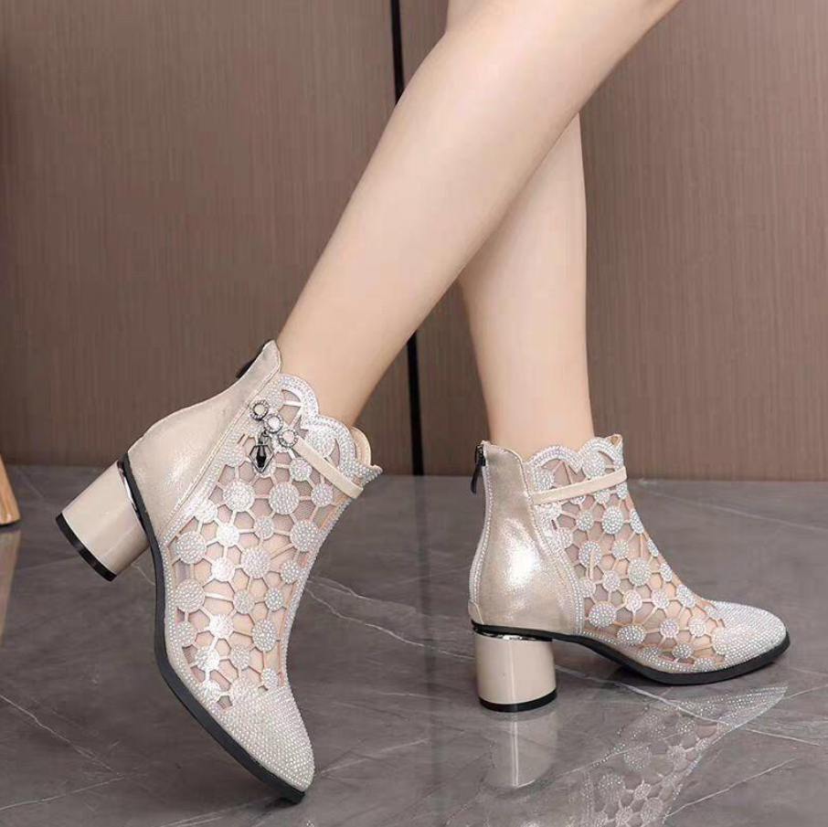 Elegant Women's Ankle Boots With Floral Mesh | Mid Heel