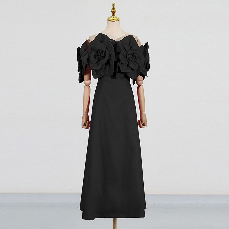 Elegant Women's Black Floral Off Shoulder Dress | Maxi