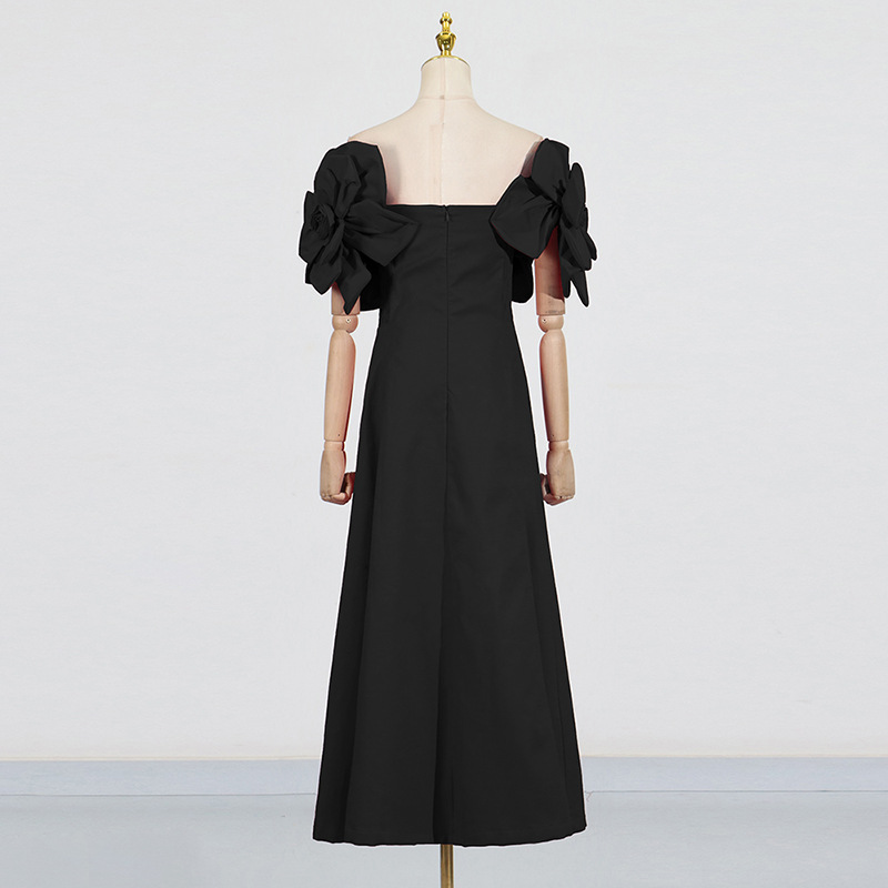 Elegant Women's Black Floral Off Shoulder Dress | Maxi