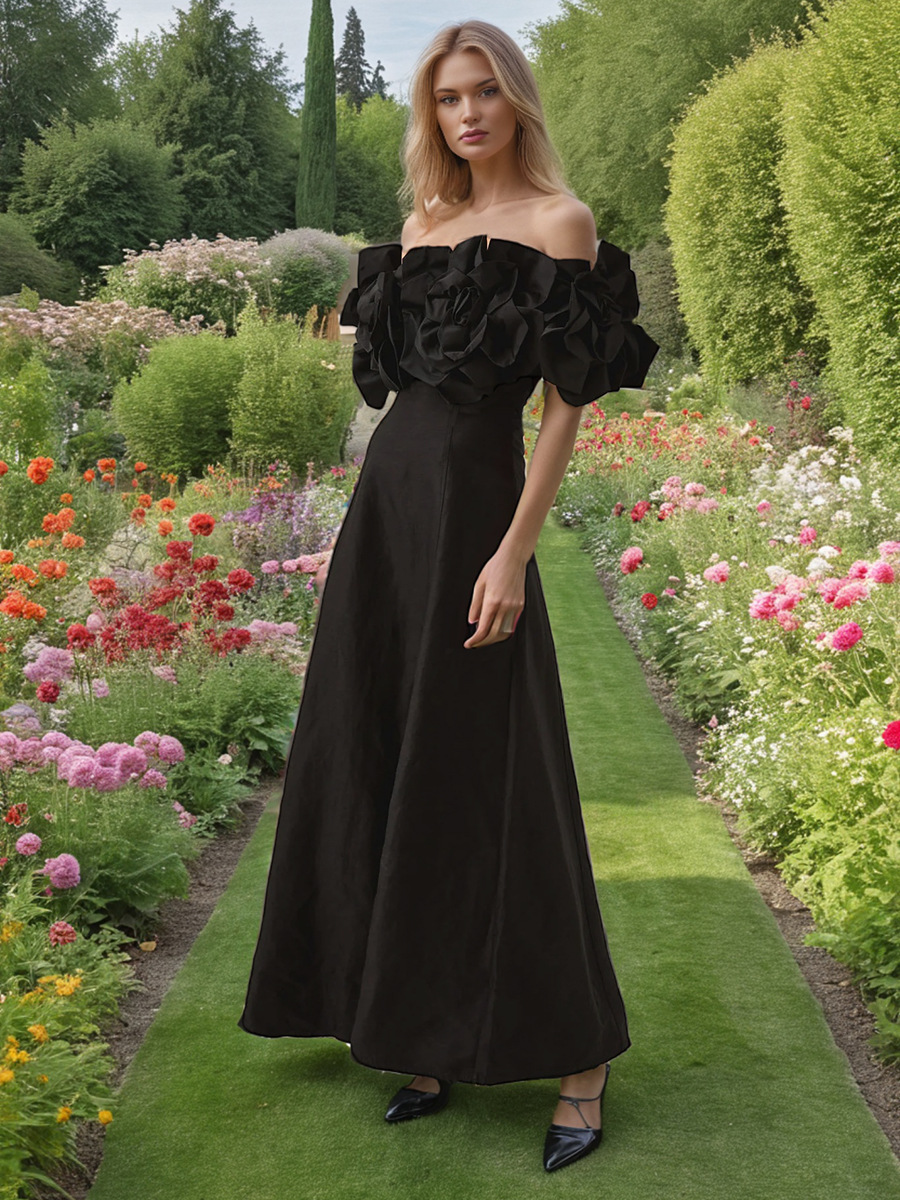 Elegant Women's Black Floral Off Shoulder Dress | Maxi