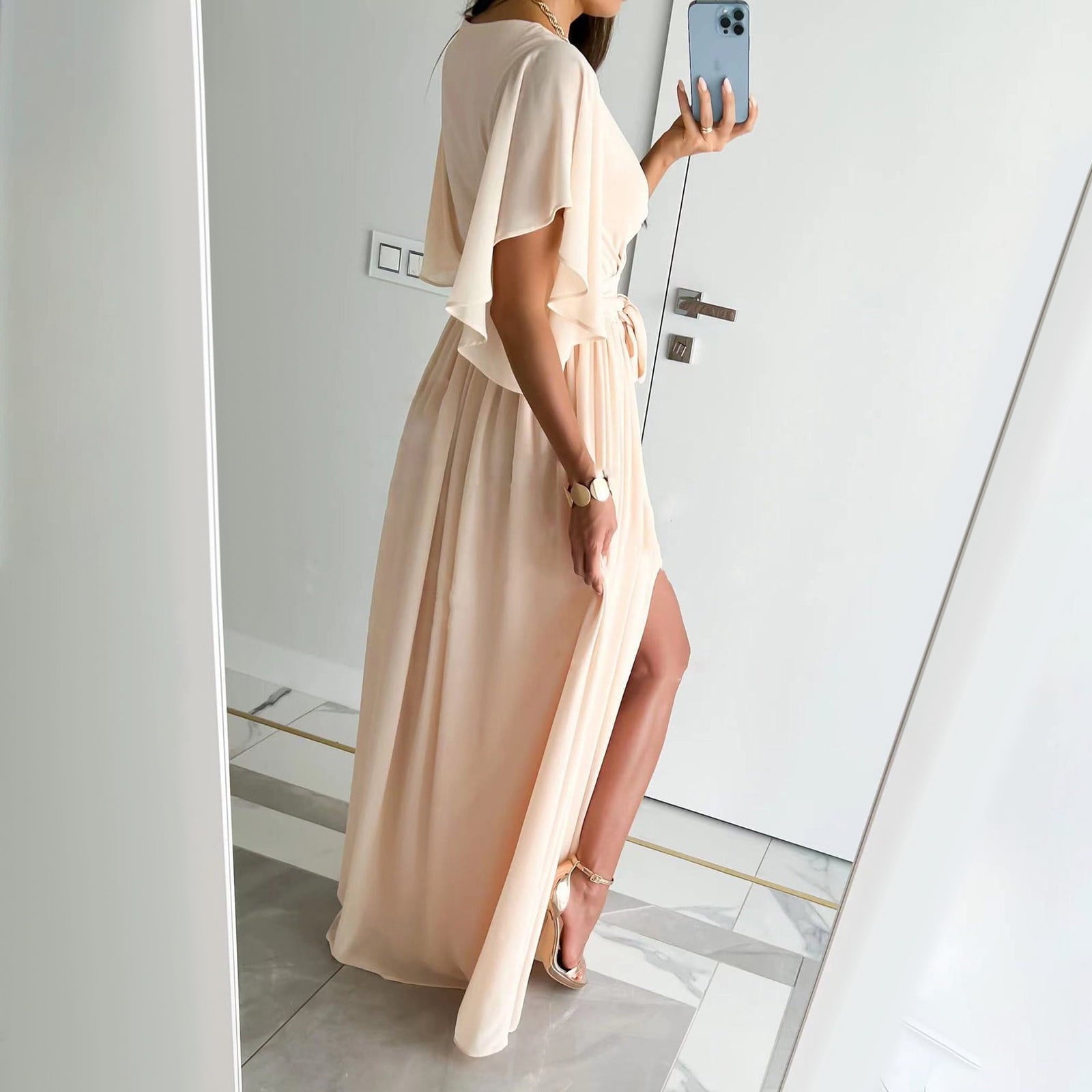 Elegant Women's Bridesmaid Dress With Flutter Sleeves | Maxi
