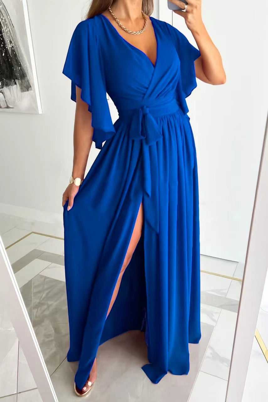 Elegant Women's Bridesmaid Dress With Flutter Sleeves | Maxi