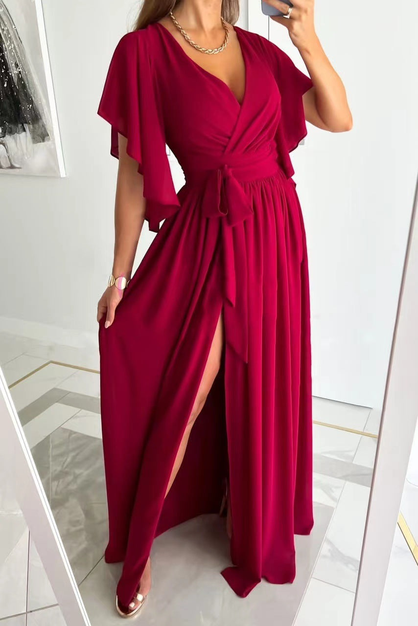 Elegant Women's Bridesmaid Dress With Flutter Sleeves | Maxi