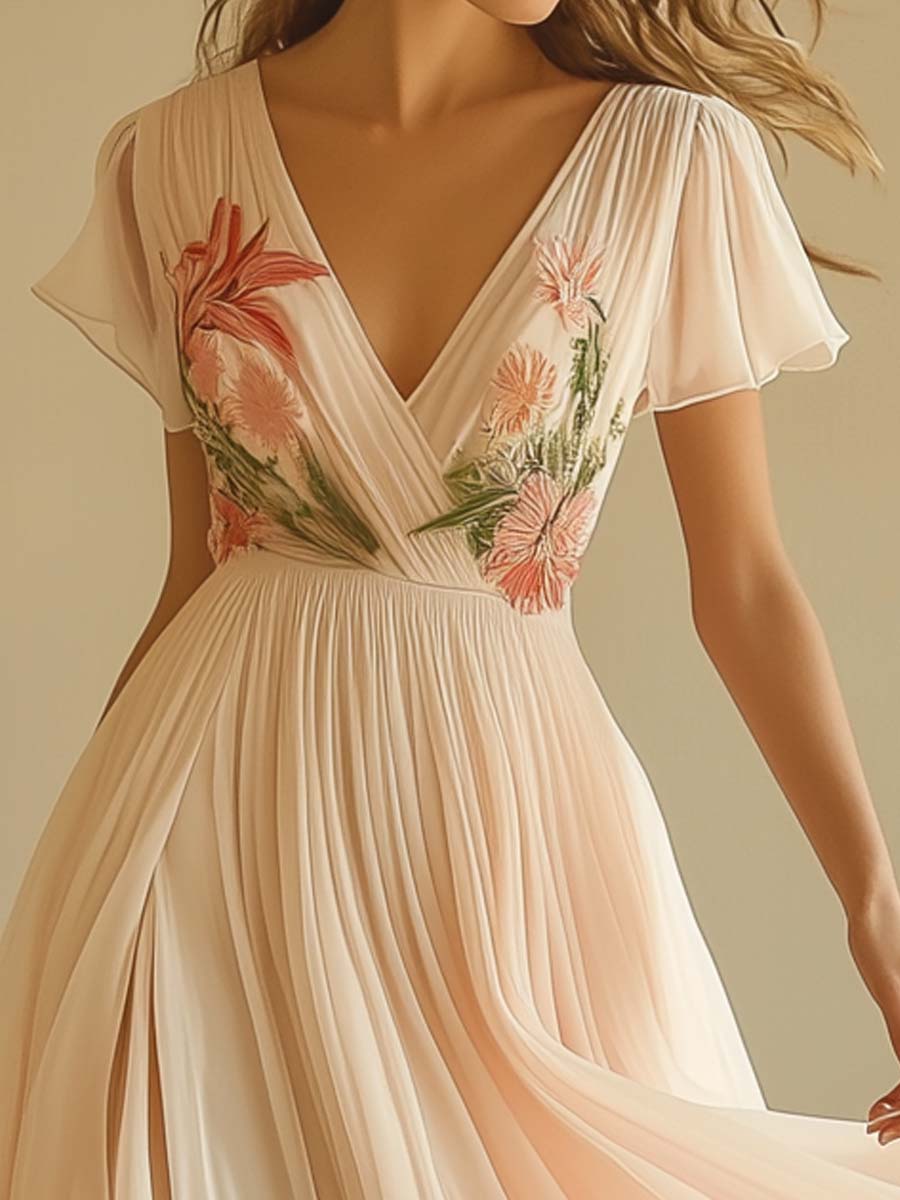 Elegant Women's Floral Pleated Bridesmaid Dress | Maxi