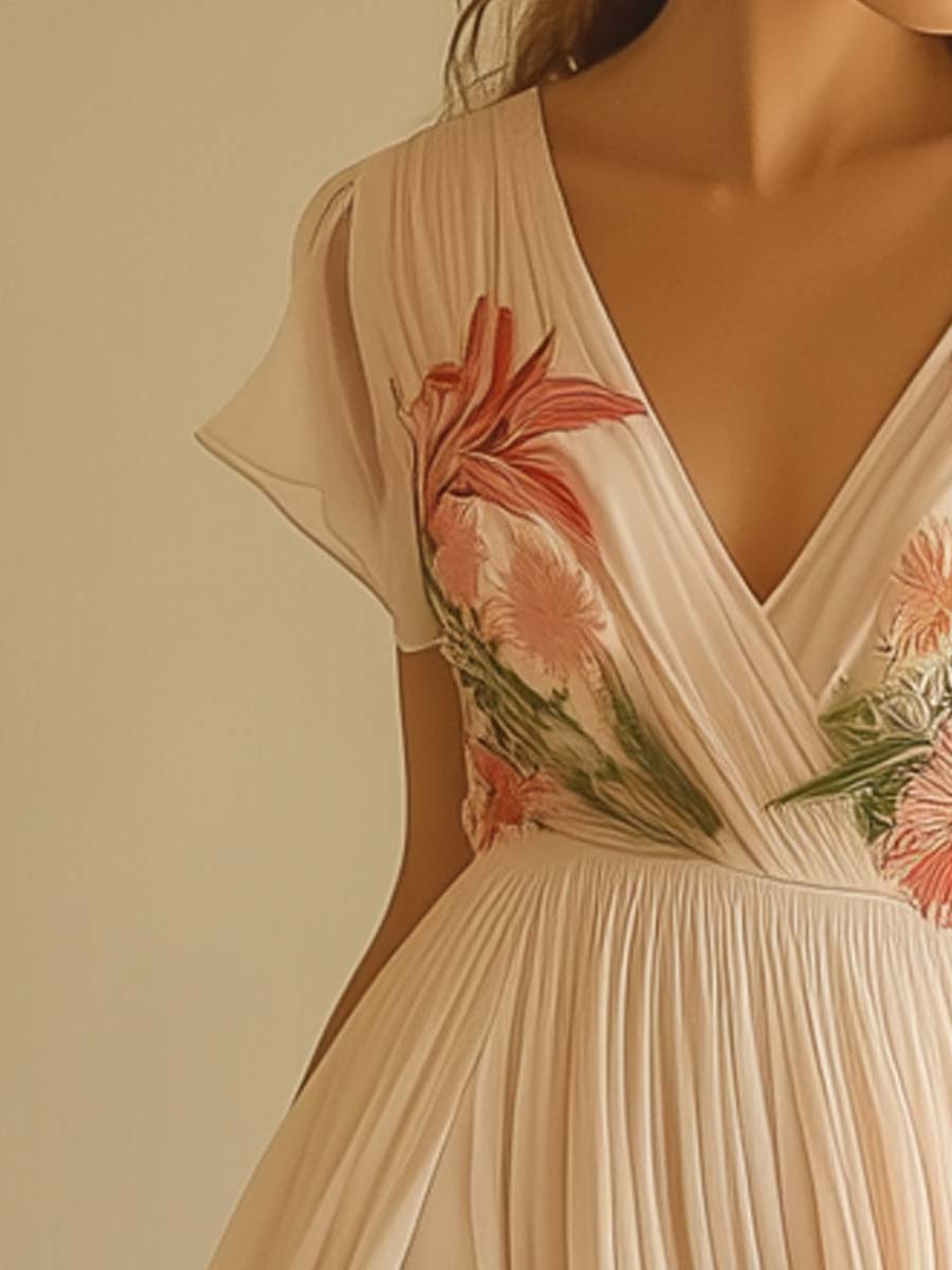 Elegant Women's Floral Pleated Bridesmaid Dress | Maxi