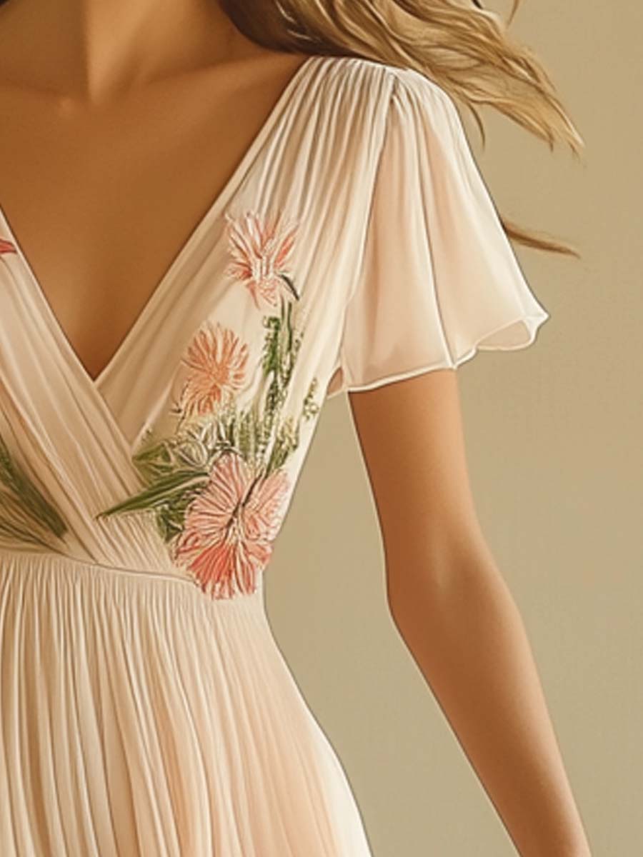 Elegant Women's Floral Pleated Bridesmaid Dress | Maxi