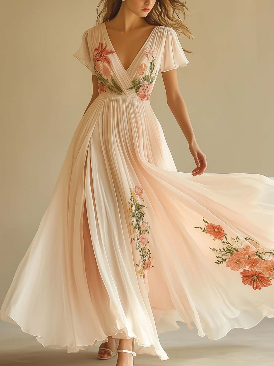Elegant Women's Floral Pleated Bridesmaid Dress | Maxi