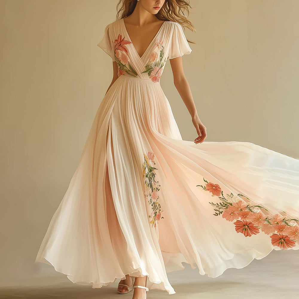 Elegant Women's Floral Pleated Bridesmaid Dress | Maxi