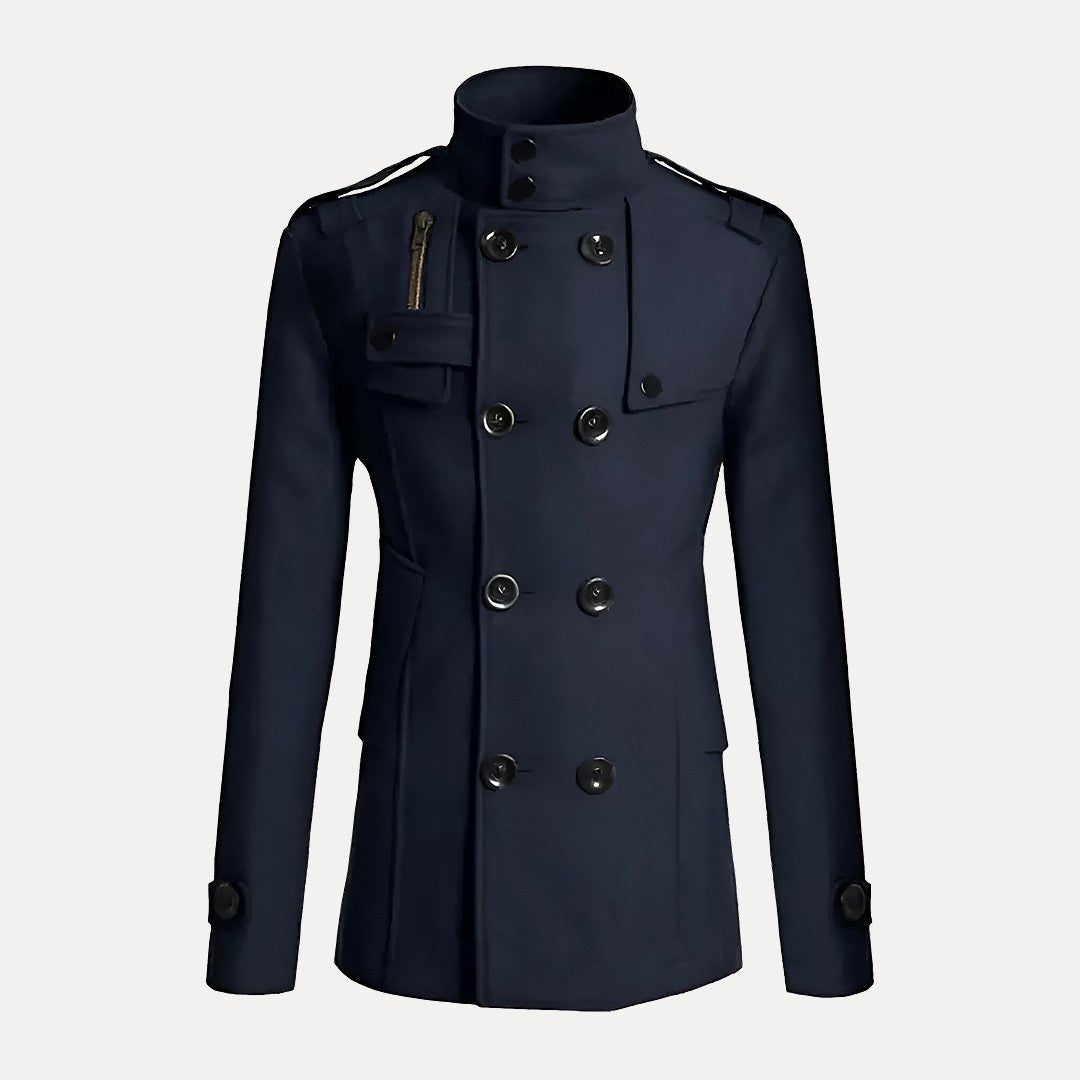 Men's Double-Breasted Trench Coat With Stand Collar | Military Style