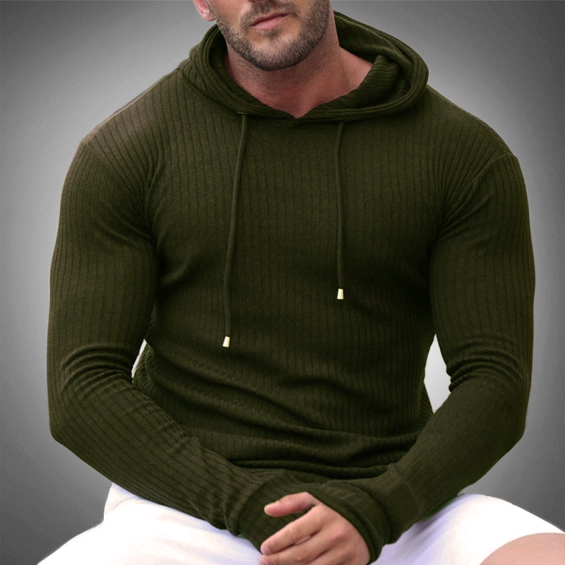 Men's Ribbed Knit Hoodie Slim Fit Long Sleeve | Sweater