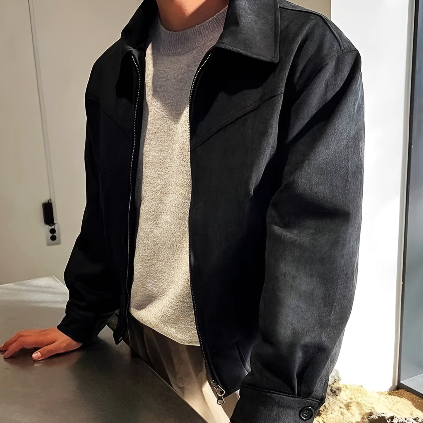 Men's Zip Closure Bomber Suede Jacket | Casual Style