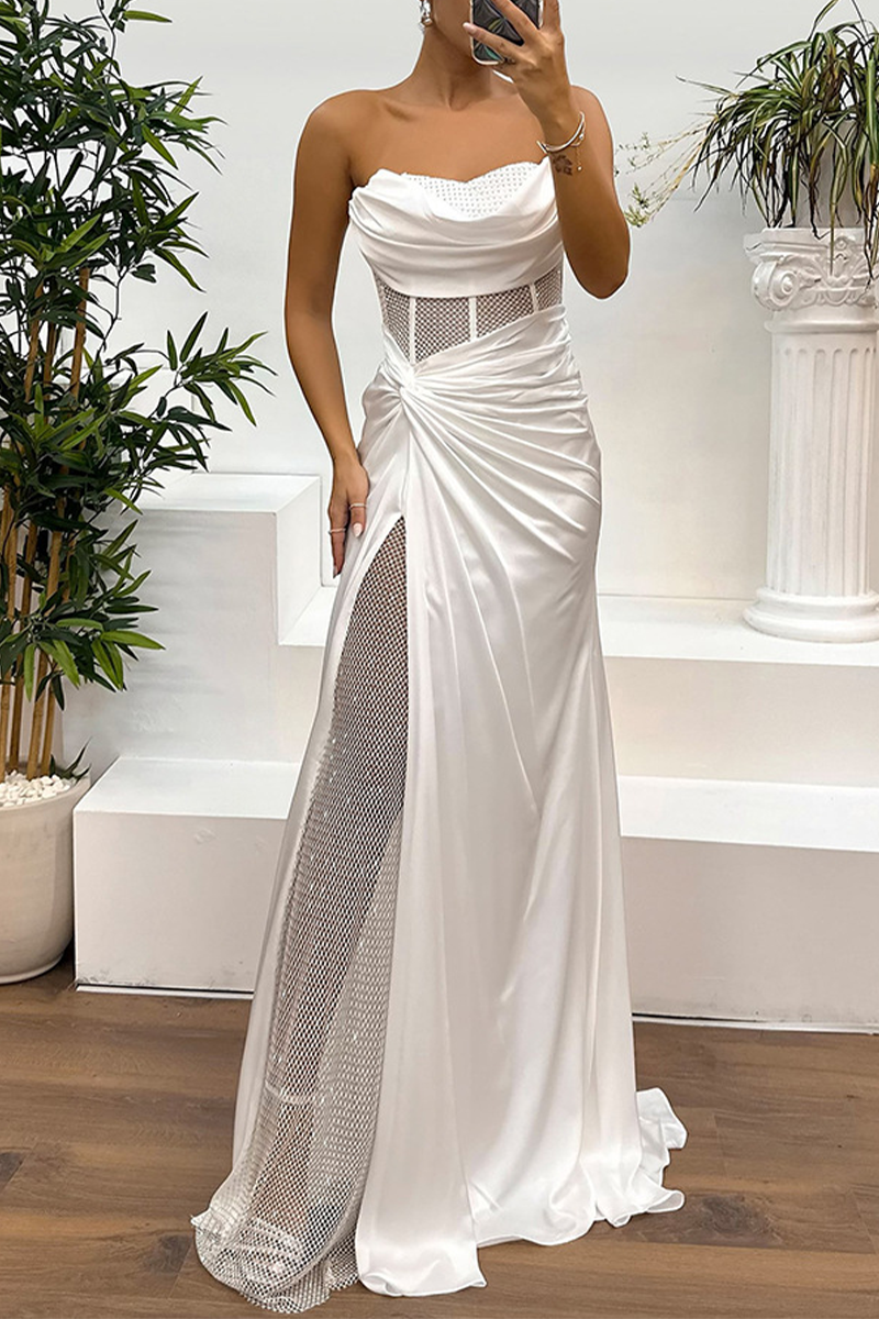 Prom Dress With Mesh Corset & Thigh Split | Strapless Maxi