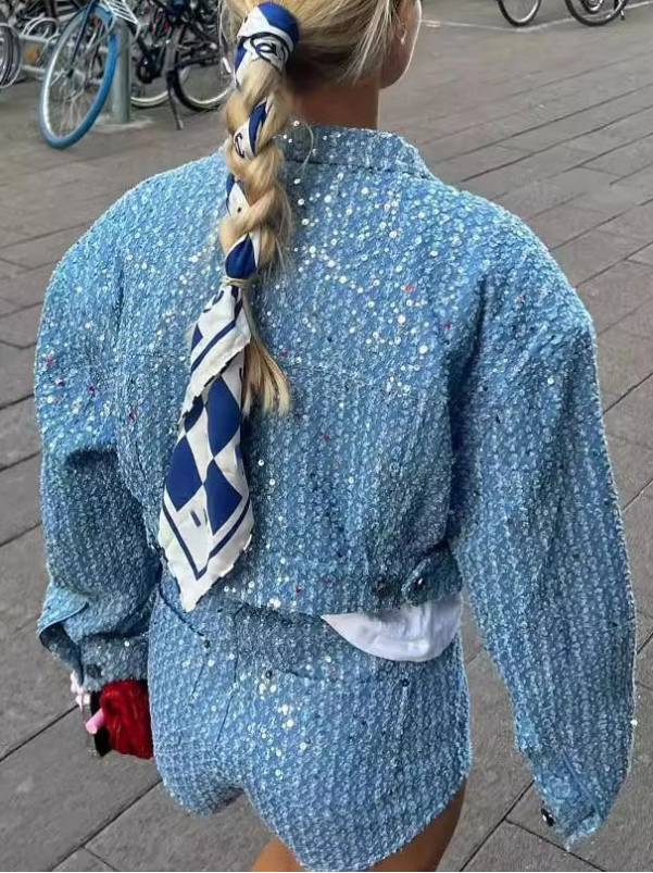Sparkly Sequin Cropped Women Jackets | Button-Up