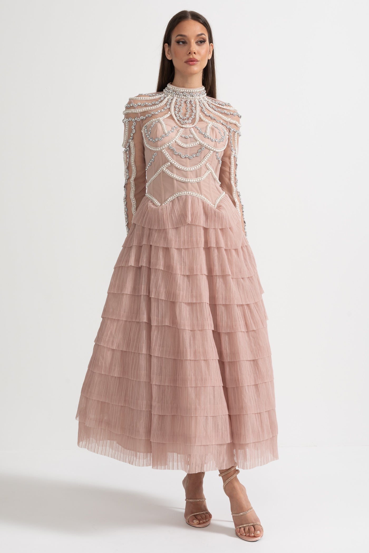 Stunning Beaded Long Sleeve Women's Evening Dress | Midi