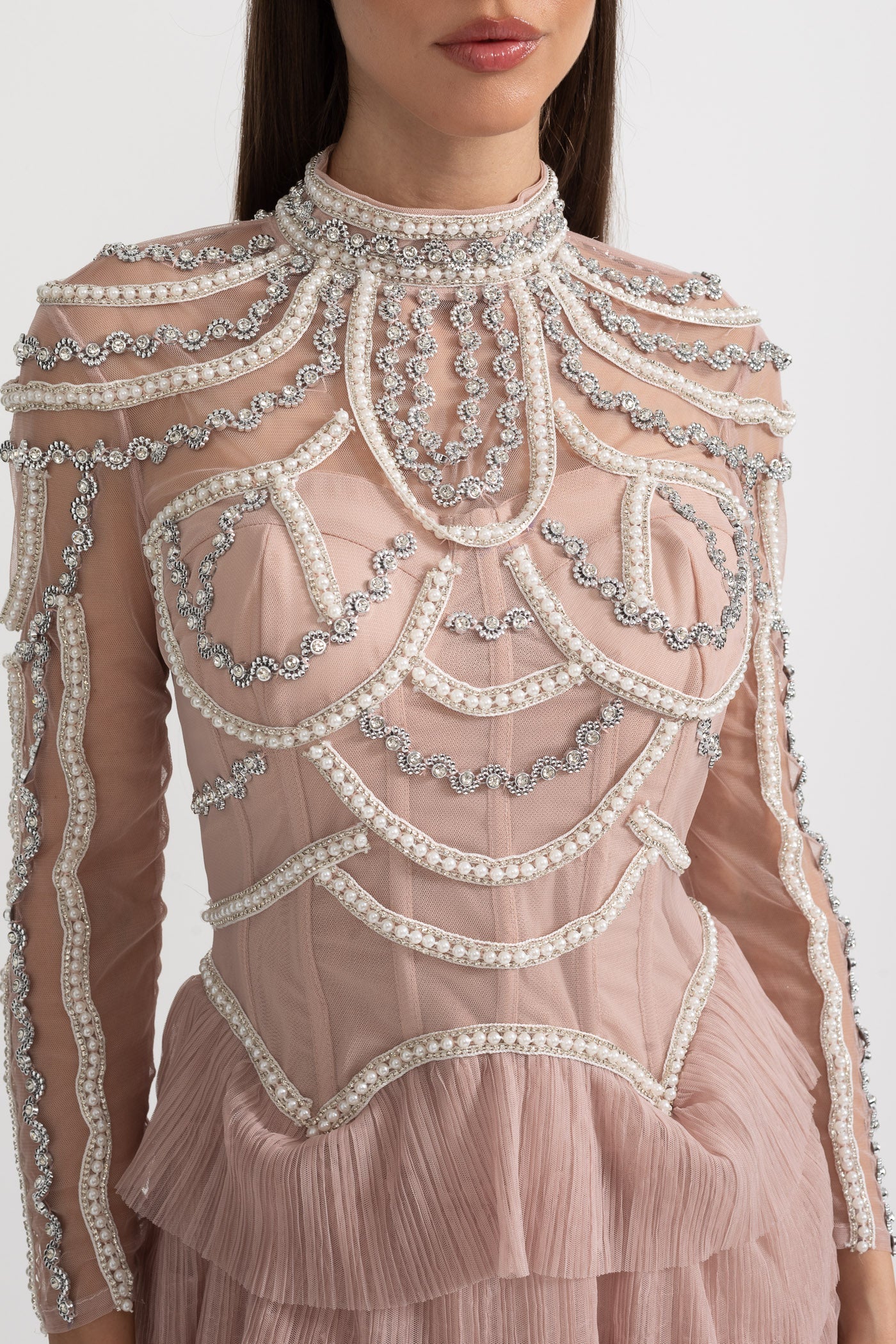 Stunning Beaded Long Sleeve Women's Evening Dress | Midi