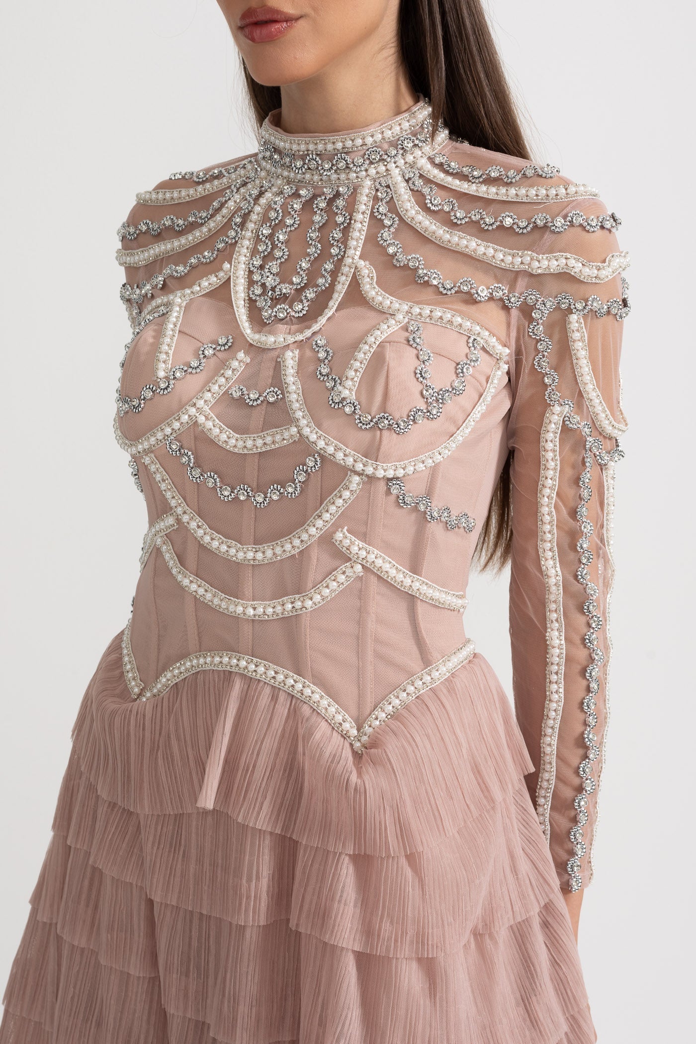 Stunning Beaded Long Sleeve Women's Evening Dress | Midi