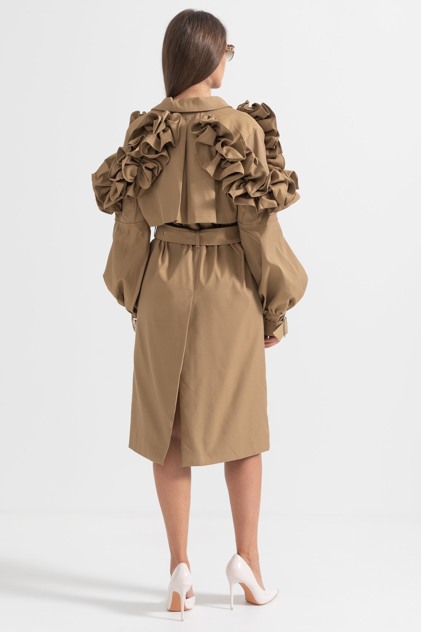 Trench Women's Coat Belted Ruffle Sleeve Design | Ruffle