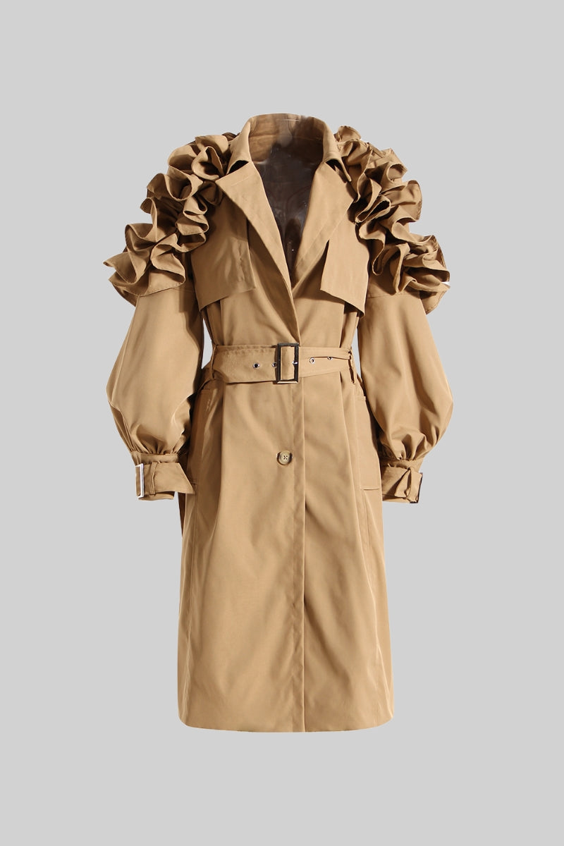 Trench Women's Coat Belted Ruffle Sleeve Design | Ruffle