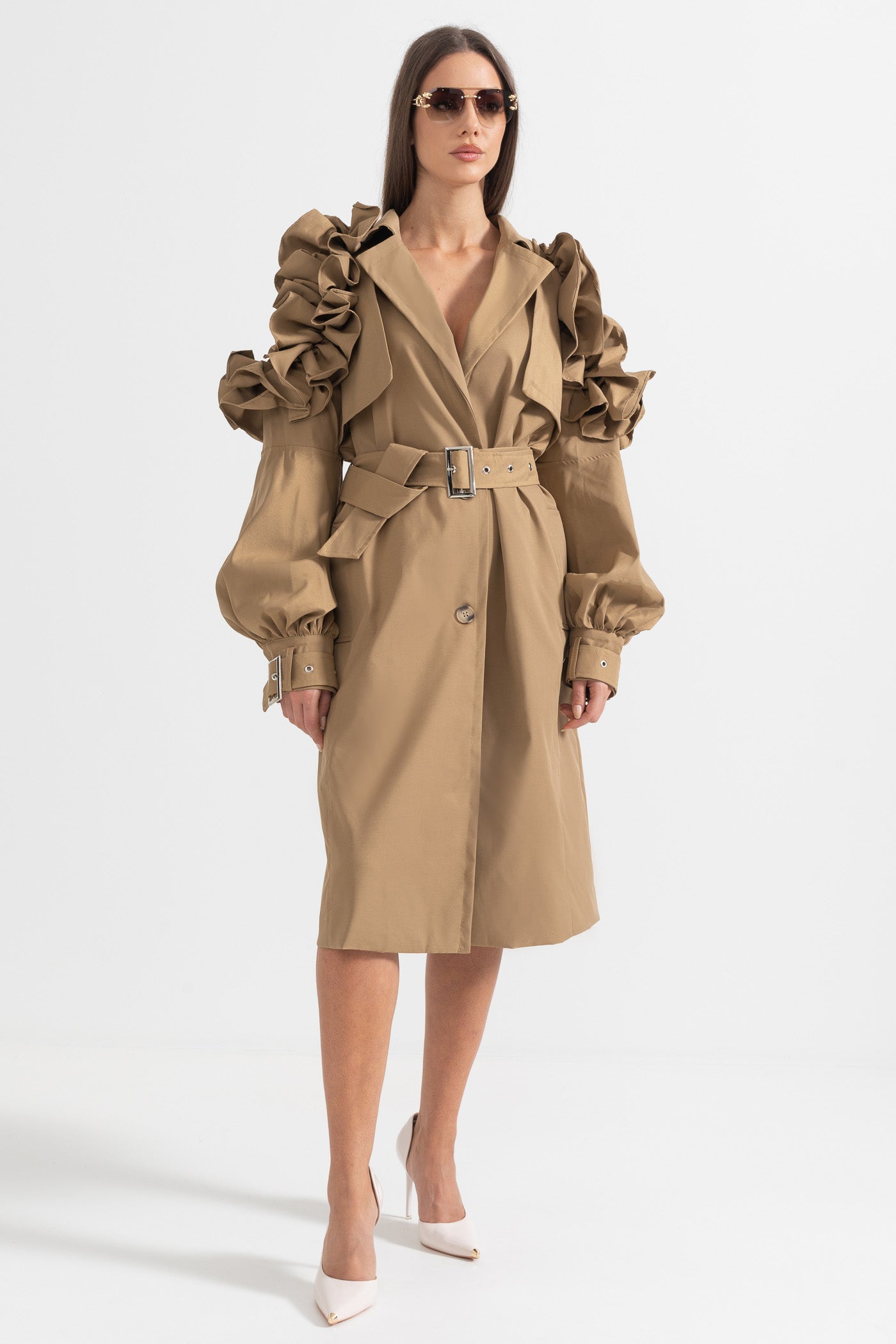 Trench Women's Coat Belted Ruffle Sleeve Design | Ruffle