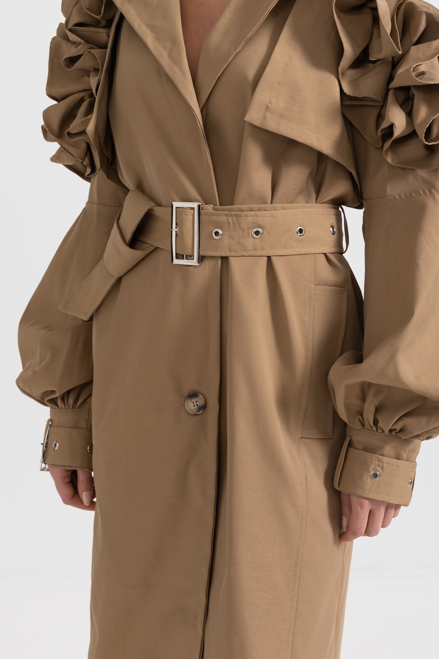 Trench Women's Coat Belted Ruffle Sleeve Design | Ruffle