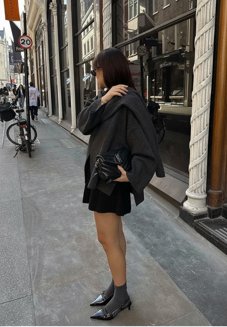 Women's Black Coat Cropped Wrap Collar | Street Style