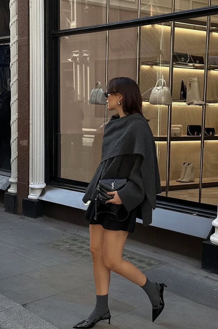 Women's Black Coat Cropped Wrap Collar | Street Style