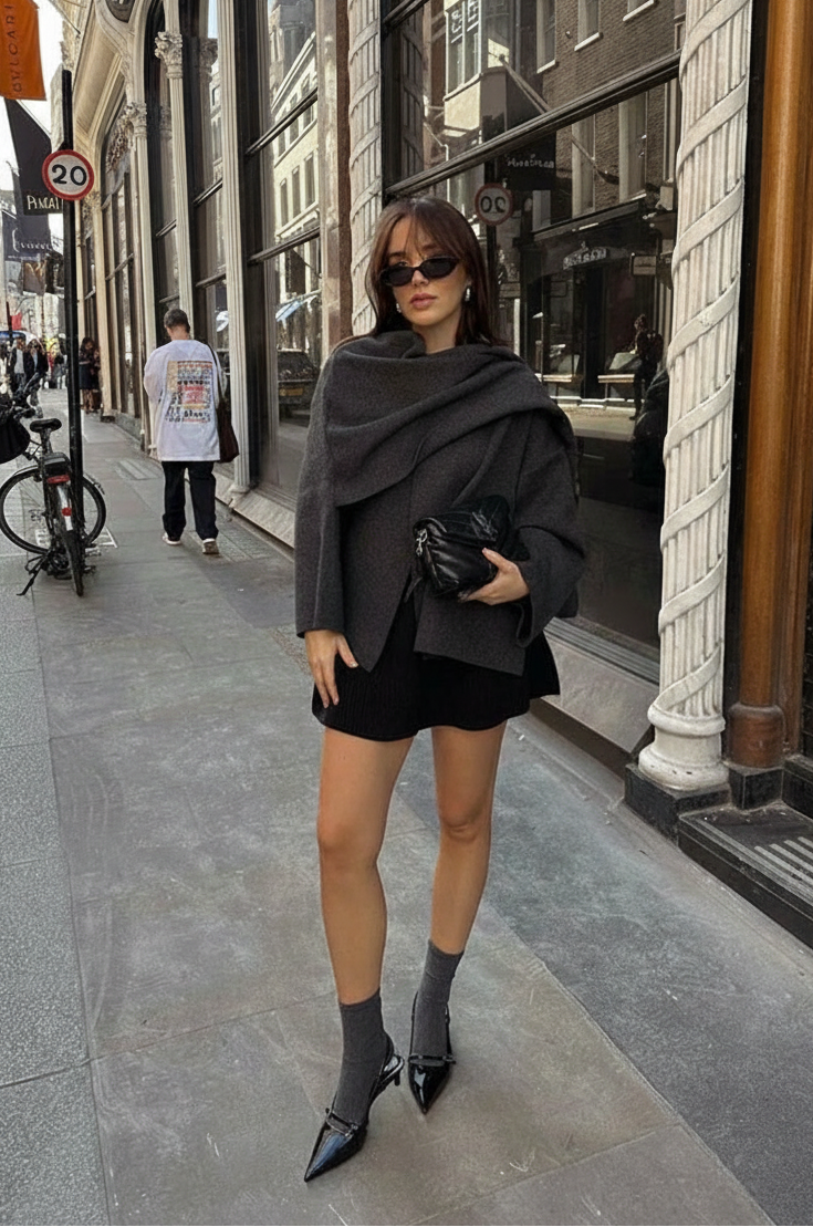 Women's Black Coat Cropped Wrap Collar | Street Style