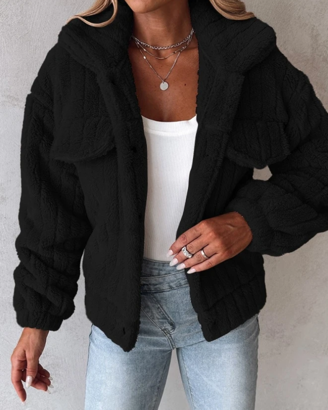 Women's Black Fluffy Jacket Relaxed Fit Button | Winter