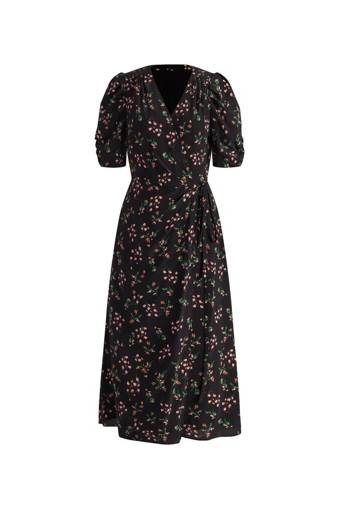 Women’s Black Wrap Dress Floral Puff Sleeve | Midi