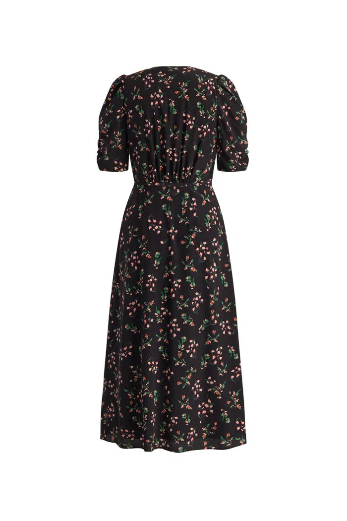 Women’s Black Wrap Dress Floral Puff Sleeve | Midi