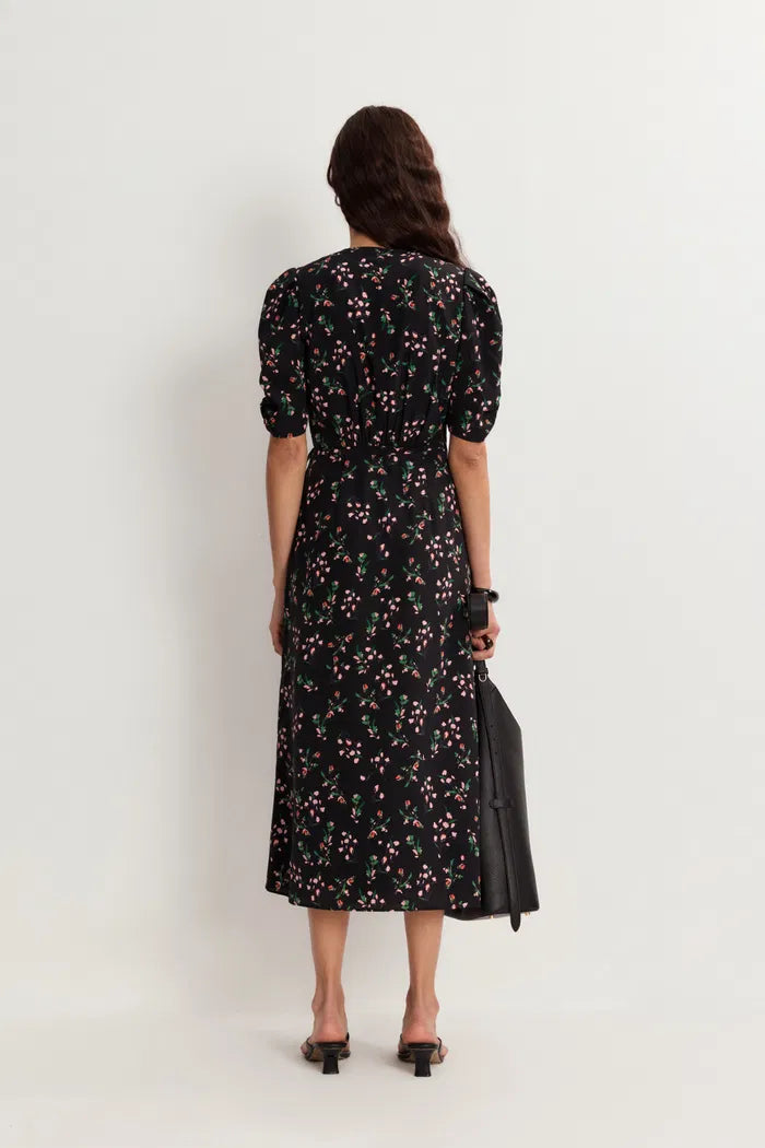 Women’s Black Wrap Dress Floral Puff Sleeve | Midi
