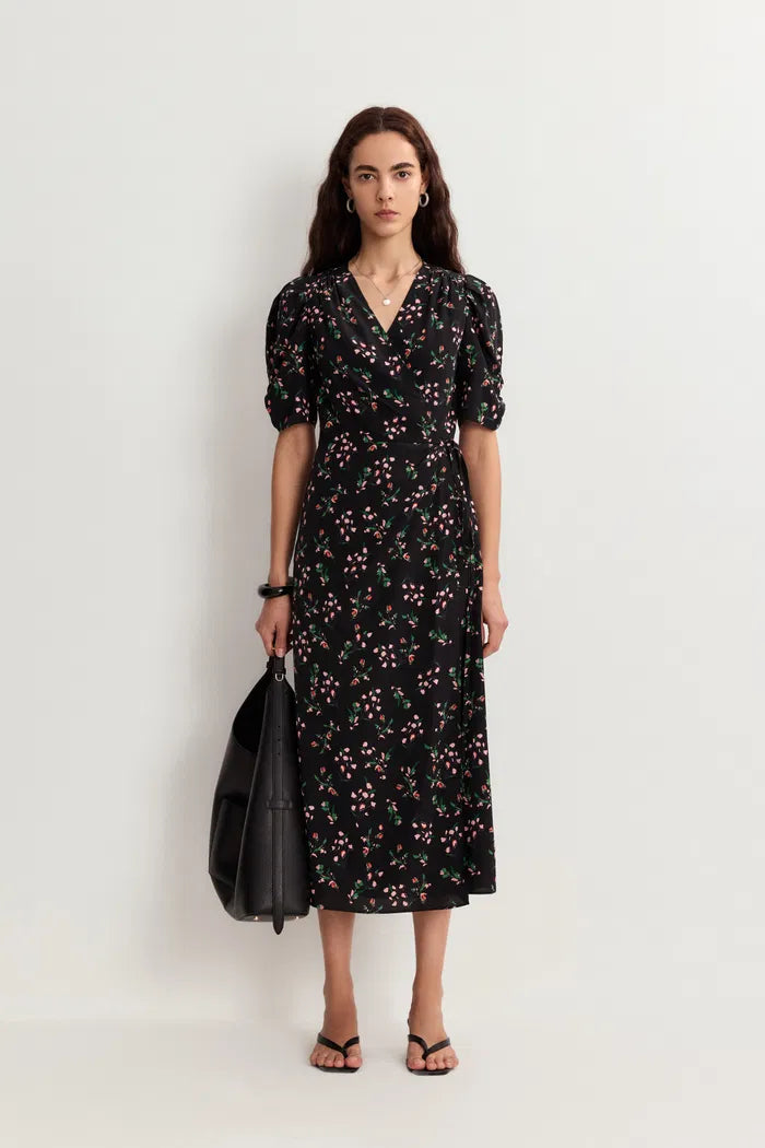 Women’s Black Wrap Dress Floral Puff Sleeve | Midi