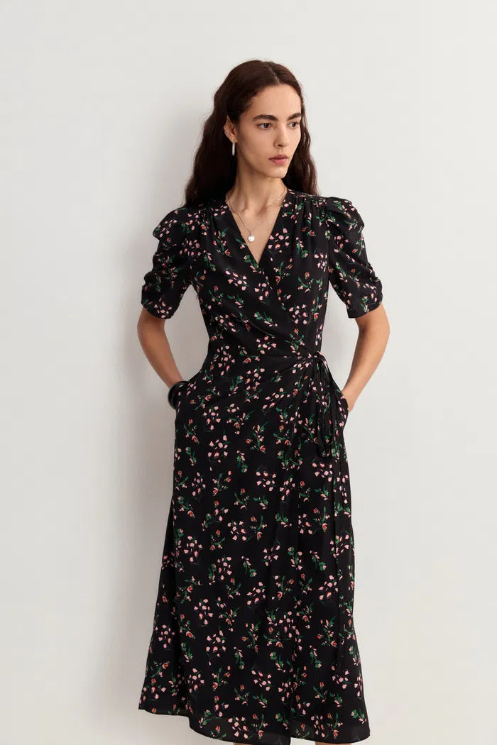 Women’s Black Wrap Dress Floral Puff Sleeve | Midi