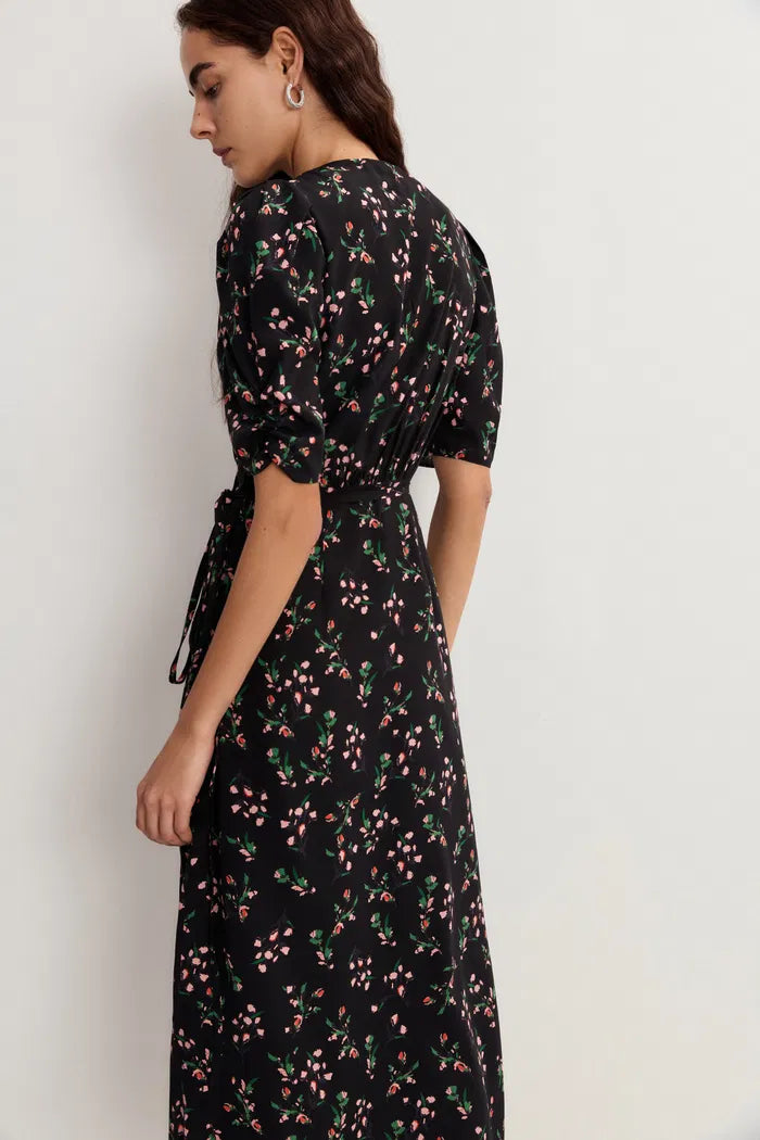 Women’s Black Wrap Dress Floral Puff Sleeve | Midi