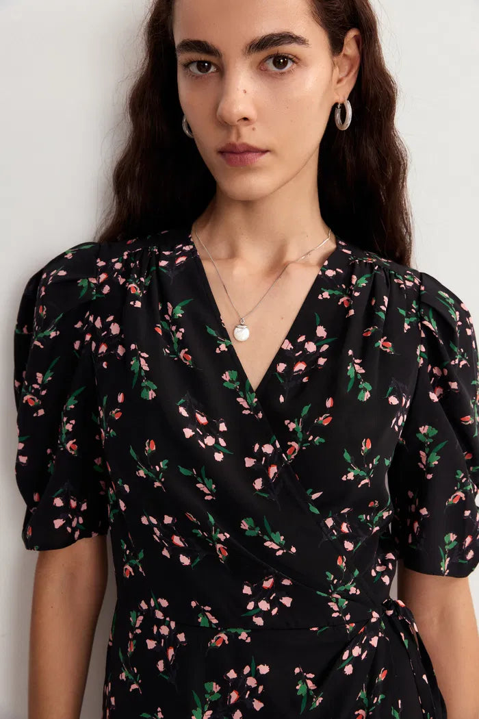 Women’s Black Wrap Dress Floral Puff Sleeve | Midi