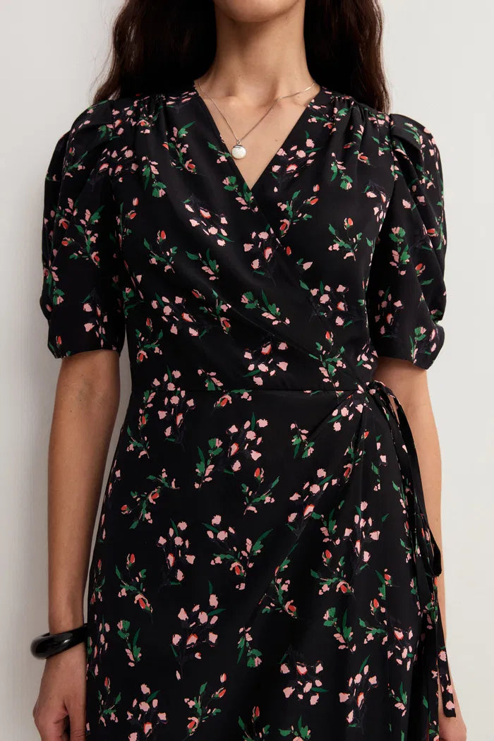 Women’s Black Wrap Dress Floral Puff Sleeve | Midi