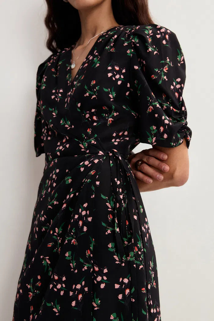 Women’s Black Wrap Dress Floral Puff Sleeve | Midi