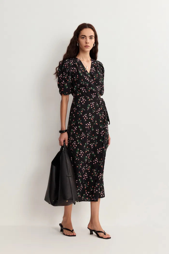 Women’s Black Wrap Dress Floral Puff Sleeve | Midi