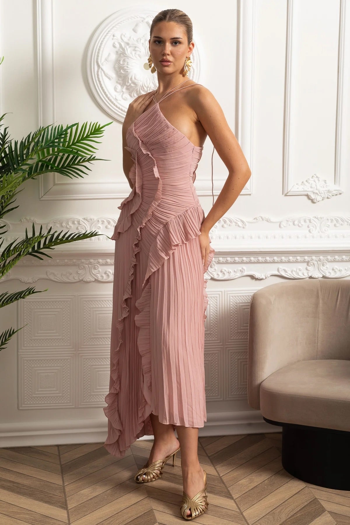 Women's Bridesmaid Pleated Halter Dress | Maxi