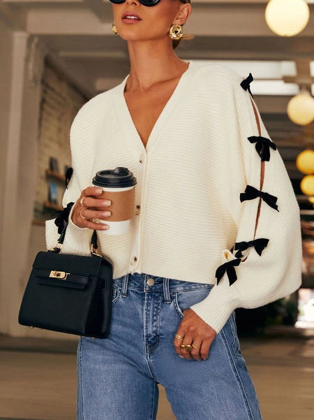 Women's Cardigan Knit Bow Sleeve Detail | Cropped