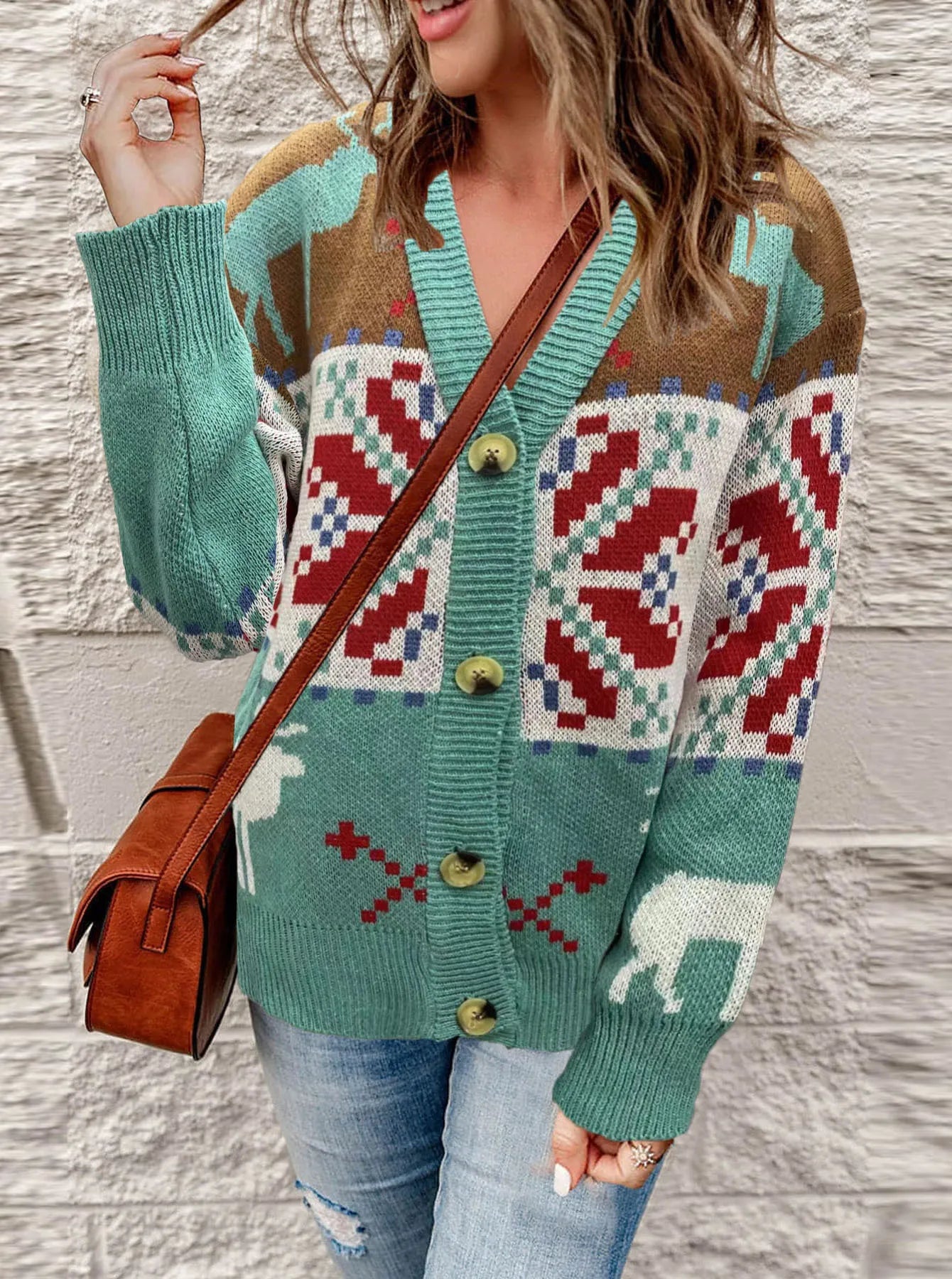 Women's Christmas Cardigan Knit Button Front | Reindeer