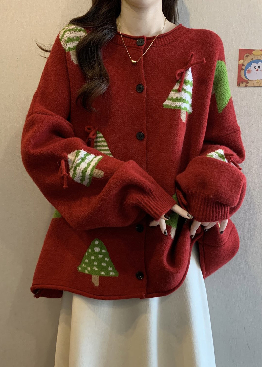 Women's Christmas Cardigan Oversized Knit Tree Pattern | Festive