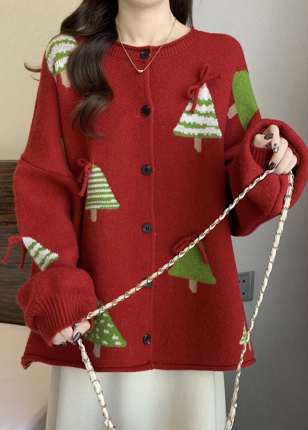Women's Christmas Cardigan Oversized Knit Tree Pattern | Festive