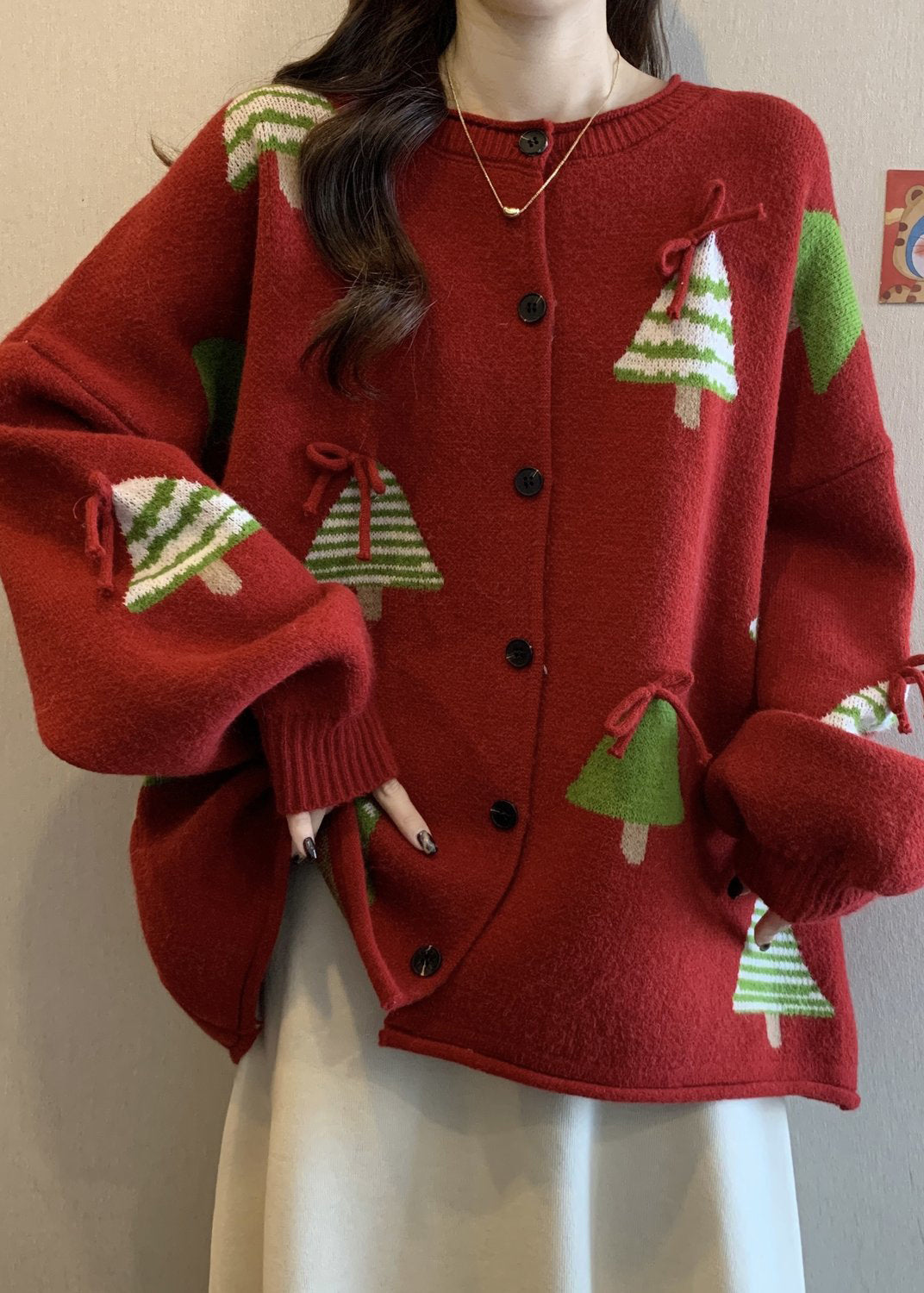 Women's Christmas Cardigan Oversized Knit Tree Pattern | Festive